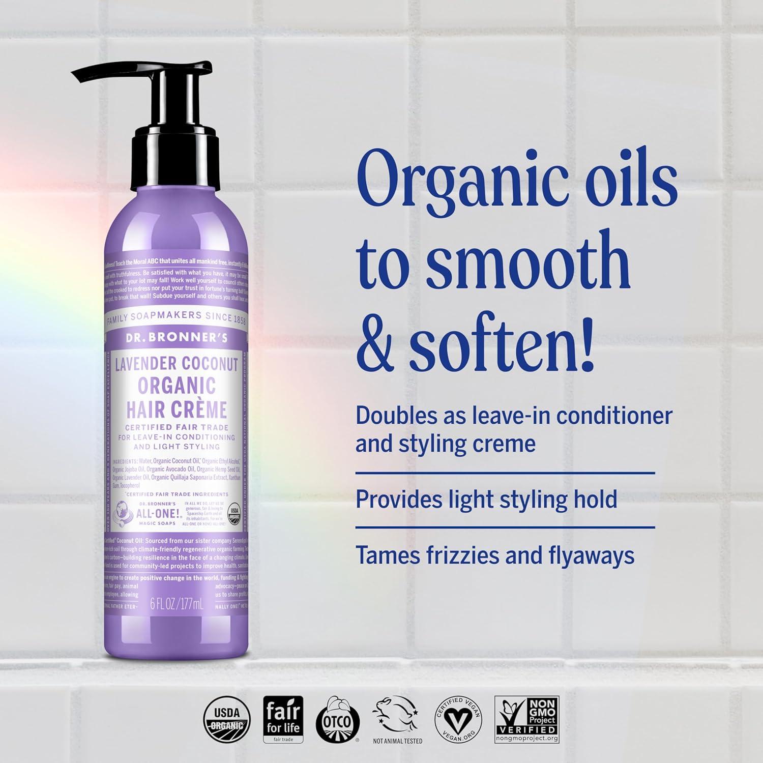 image:imageDr Bronners Organic Hair Crme Peppermint 6 Ounce 2Pack LeaveIn Conditioner and Styling Cream Made with Organic Oils Hair Cream Supports Shine and Strength Nourishes Scalp NonGMOLavender