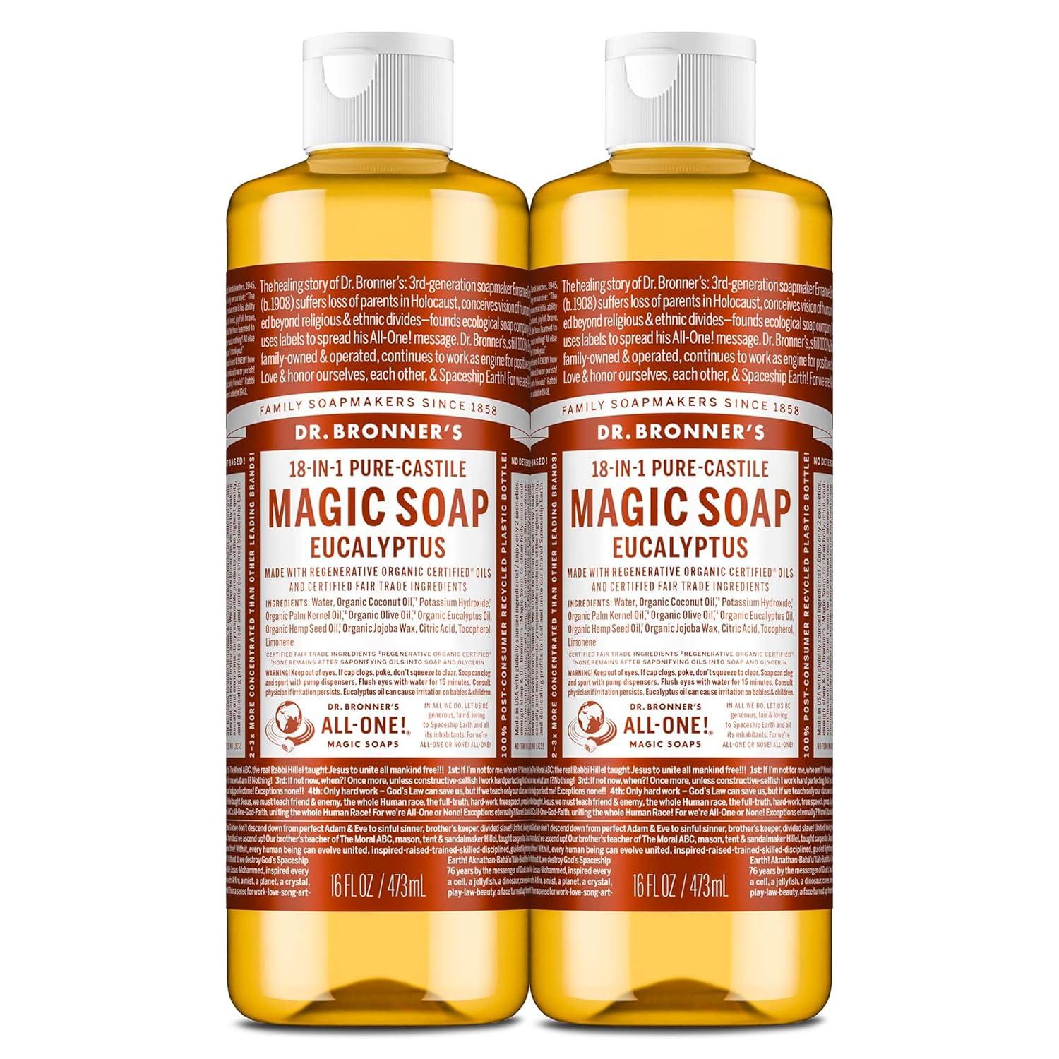 image:imageDr Bronners Magic Soap PureCastile Liquid Soap Eucalyptus 32 ounce 2Pack Regenerative Organic Certified Oils 18in1 Uses Body Hair Laundry Pets amp Dishes Concentrated Vegan NonGMOEucalyptus