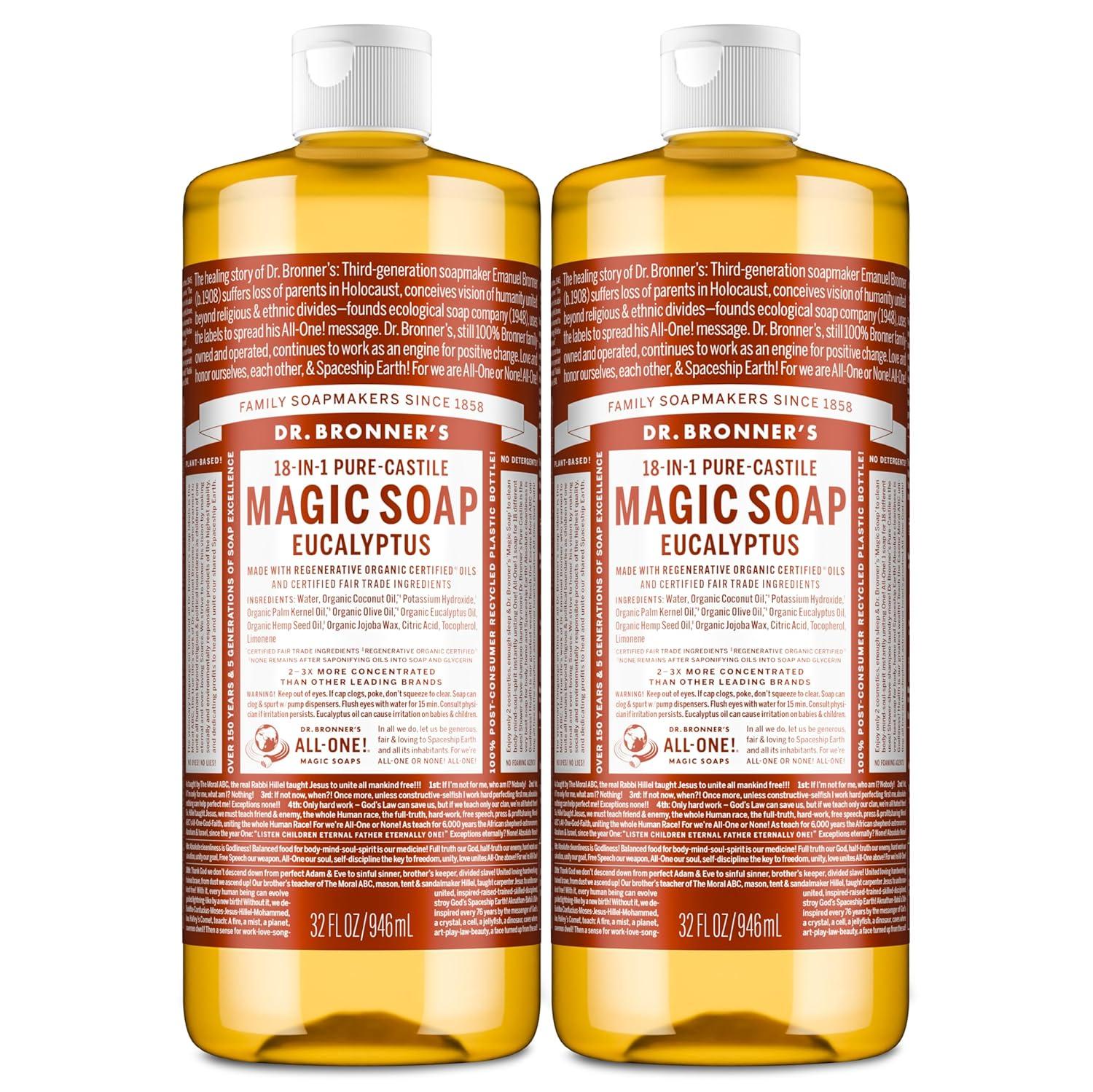 image:imageDr Bronners Magic Soap PureCastile Liquid Soap Eucalyptus 32 ounce 2Pack Regenerative Organic Certified Oils 18in1 Uses Body Hair Laundry Pets amp Dishes Concentrated Vegan NonGMOEucalyptus