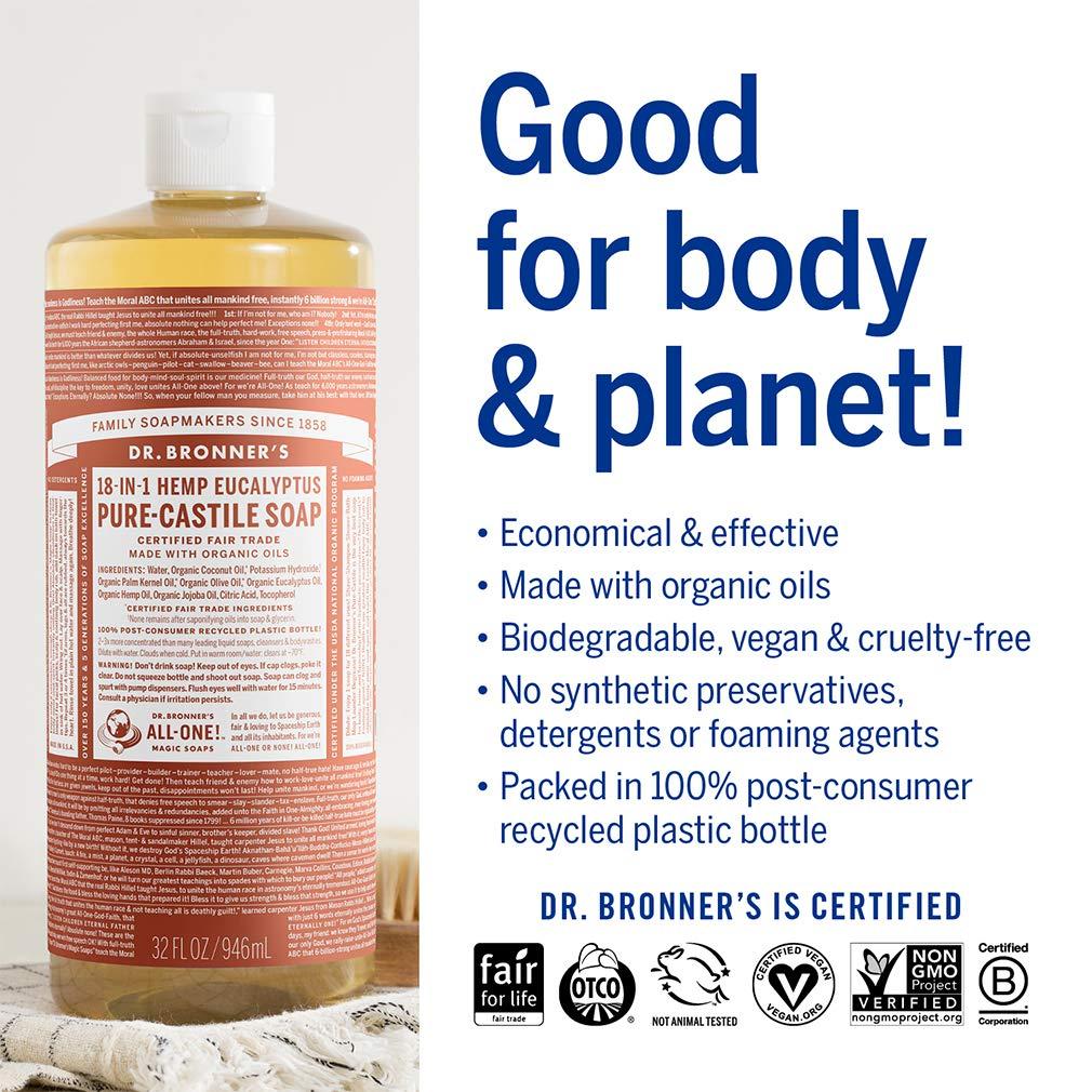 image:imageDr Bronners Magic Soap PureCastile Liquid Soap Eucalyptus 32 ounce 2Pack Regenerative Organic Certified Oils 18in1 Uses Body Hair Laundry Pets amp Dishes Concentrated Vegan NonGMOEucalyptus
