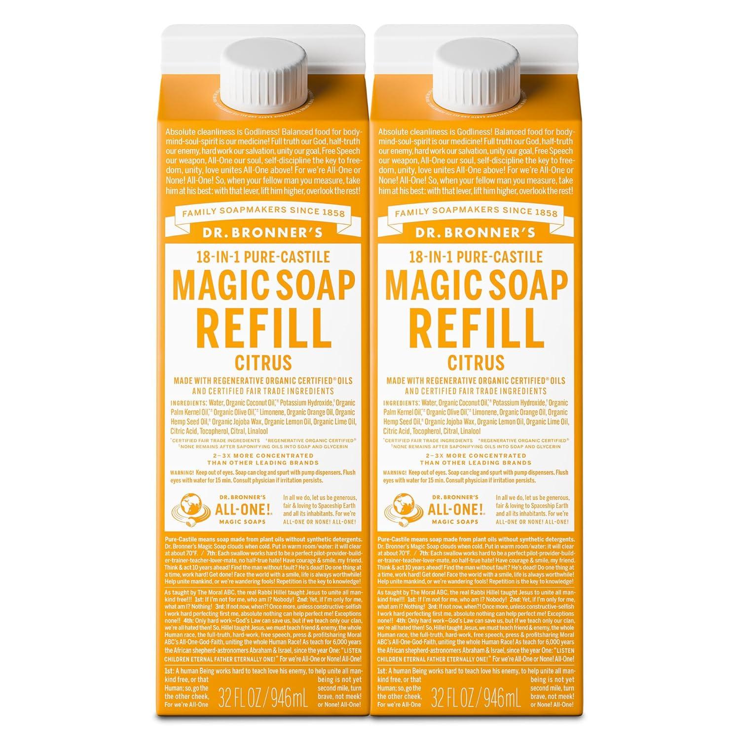 image:imageDr Bronners PureCastile Liquid Magic Soap Refill Made with Regenerative Organic Certified Oils 86 Less Plastic 18in1 Uses for Face Body Wash Hand Soap Refill amp More Peppermint 32ozCitrus