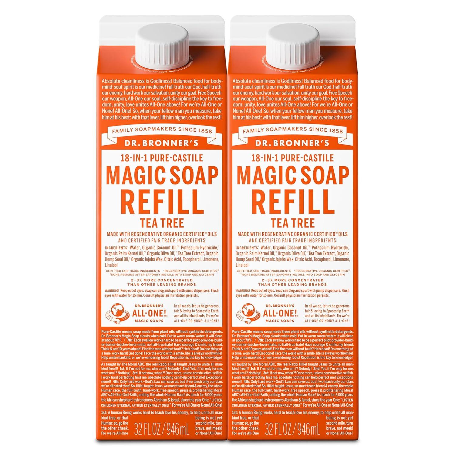 image:imageDr Bronners PureCastile Liquid Magic Soap Refill Made with Regenerative Organic Certified Oils 86 Less Plastic 18in1 Uses for Face Body Wash Hand Soap Refill amp More Peppermint 32ozTea Tree