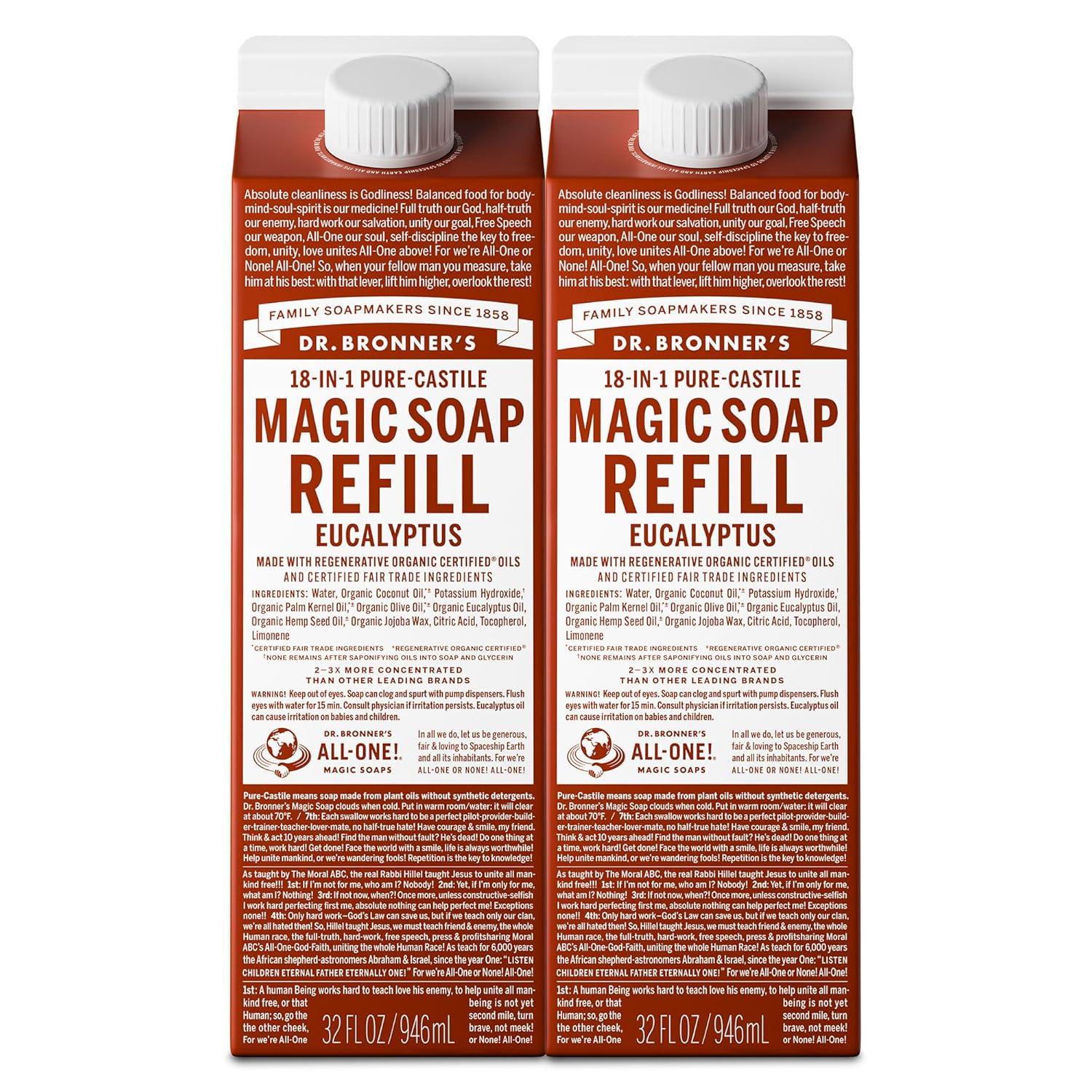 image:imageDr Bronners PureCastile Liquid Magic Soap Refill Made with Regenerative Organic Certified Oils 86 Less Plastic 18in1 Uses for Face Body Wash Hand Soap Refill amp More Peppermint 32ozEucalyptus