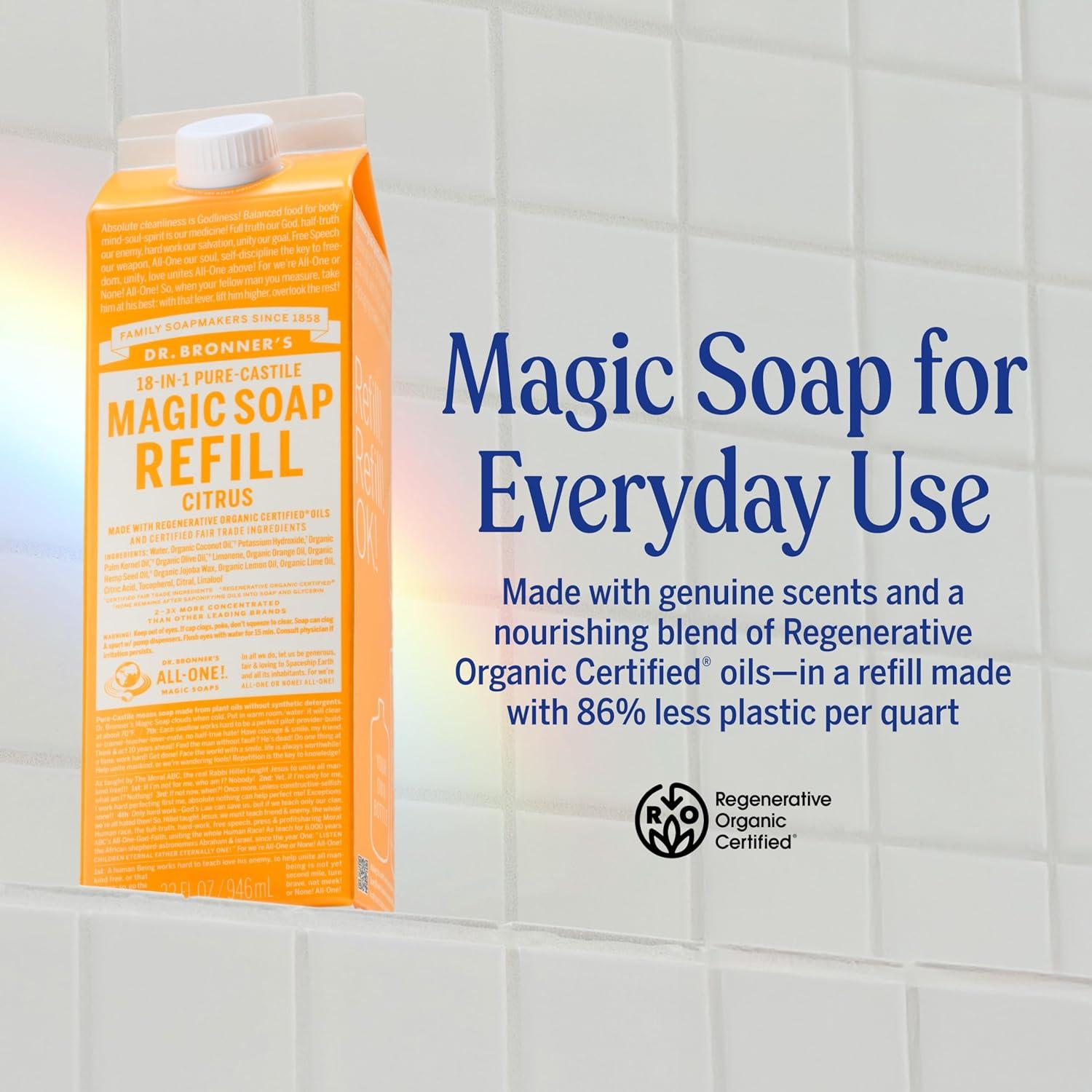 image:imageDr Bronners PureCastile Liquid Magic Soap Refill Made with Regenerative Organic Certified Oils 86 Less Plastic 18in1 Uses for Face Body Wash Hand Soap Refill amp More Peppermint 32ozCitrus