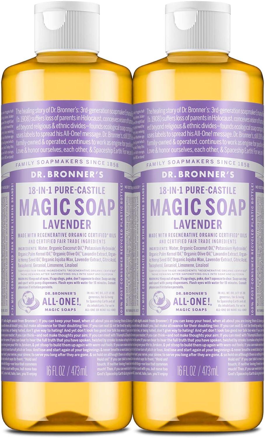 image:imageDr Bronners PureCastile Liquid Soap Made with Organic Oils 18in1 Uses Face Body Hair Laundry Pets and Dishes Concentrated Vegan NonGMO Lavender 32 OzLavender