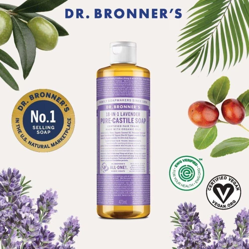image:imageDr Bronners PureCastile Liquid Soap Made with Organic Oils 18in1 Uses Face Body Hair Laundry Pets and Dishes Concentrated Vegan NonGMO Lavender 32 OzLavender