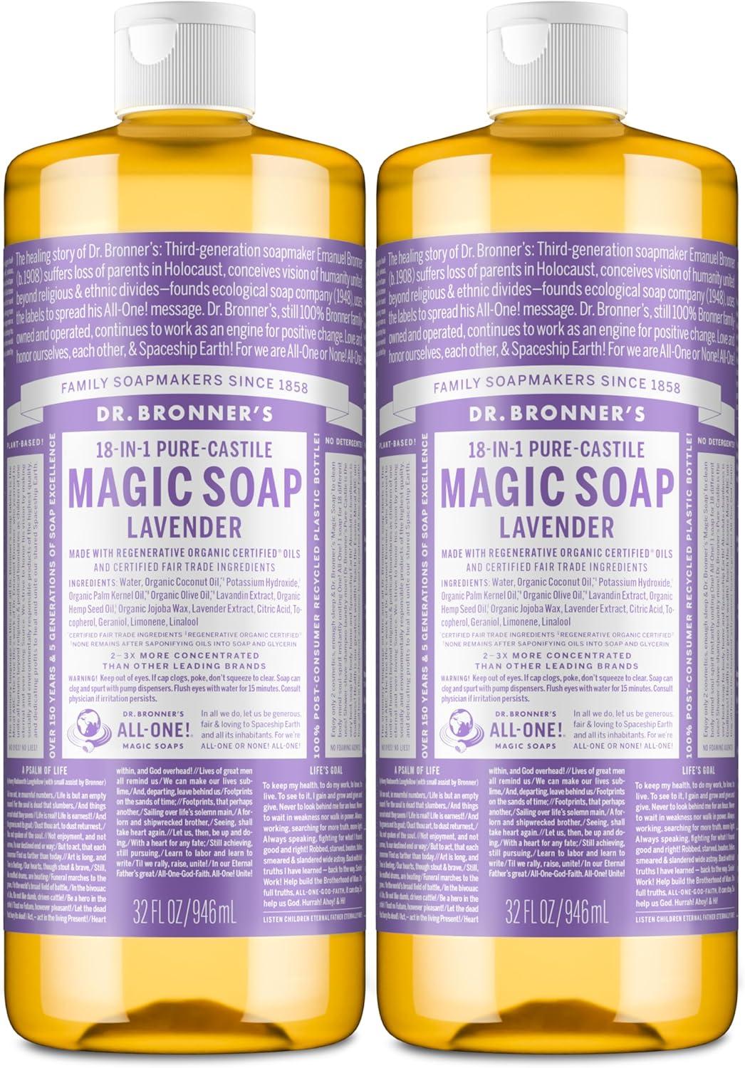 image:imageDr Bronners PureCastile Liquid Soap Made with Organic Oils 18in1 Uses Face Body Hair Laundry Pets and Dishes Concentrated Vegan NonGMO Lavender 32 OzLavender