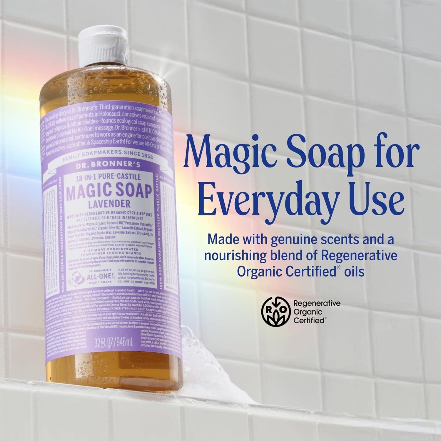 image:imageDr Bronners PureCastile Liquid Soap Made with Organic Oils 18in1 Uses Face Body Hair Laundry Pets and Dishes Concentrated Vegan NonGMO Lavender 32 OzLavender