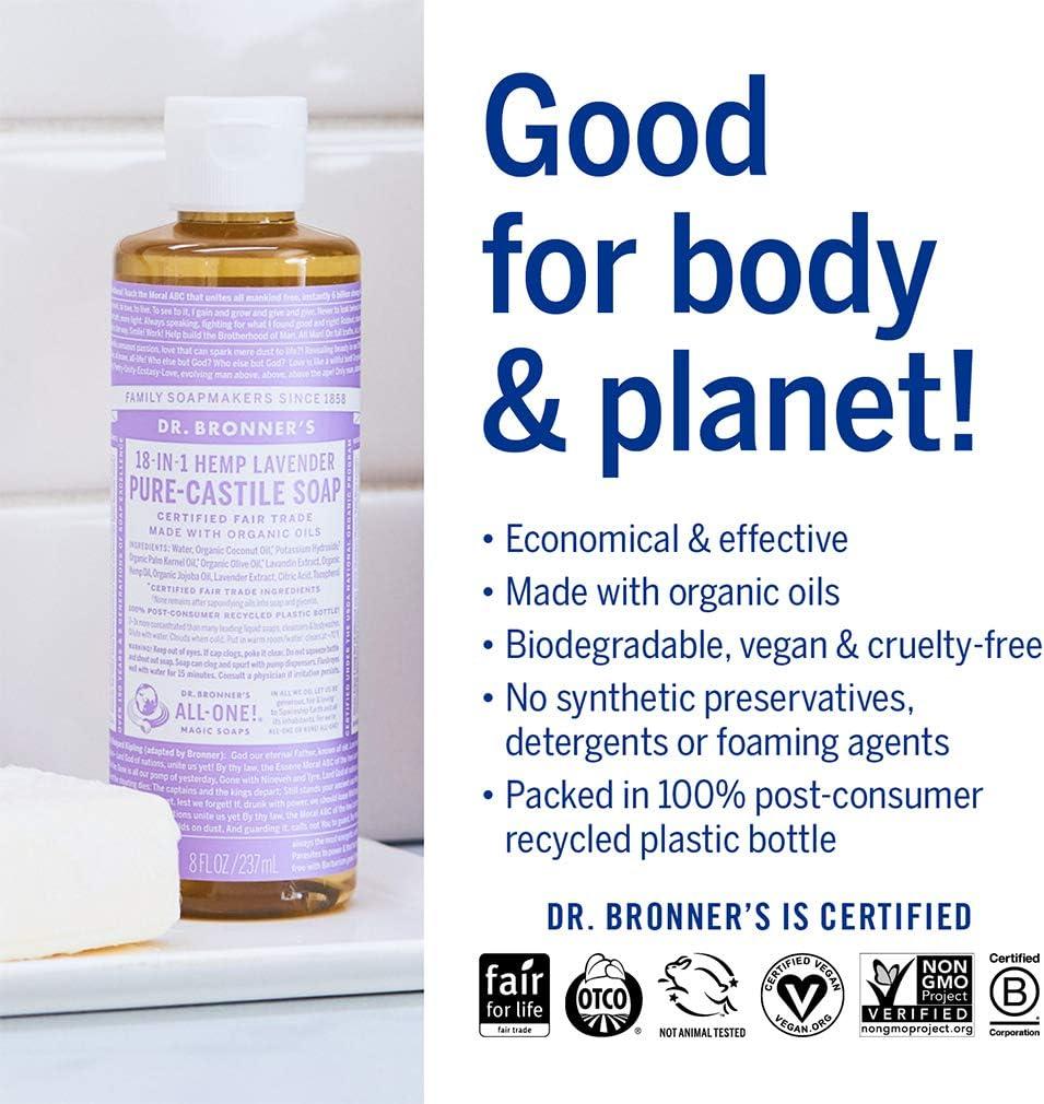 image:imageDr Bronners PureCastile Liquid Soap Made with Organic Oils 18in1 Uses Face Body Hair Laundry Pets and Dishes Concentrated Vegan NonGMO Lavender 32 OzLavender