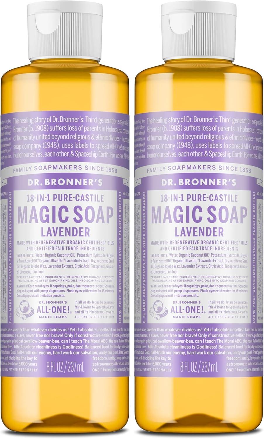 image:imageDr Bronners PureCastile Liquid Soap Made with Organic Oils 18in1 Uses Face Body Hair Laundry Pets and Dishes Concentrated Vegan NonGMO Lavender 32 OzLavender