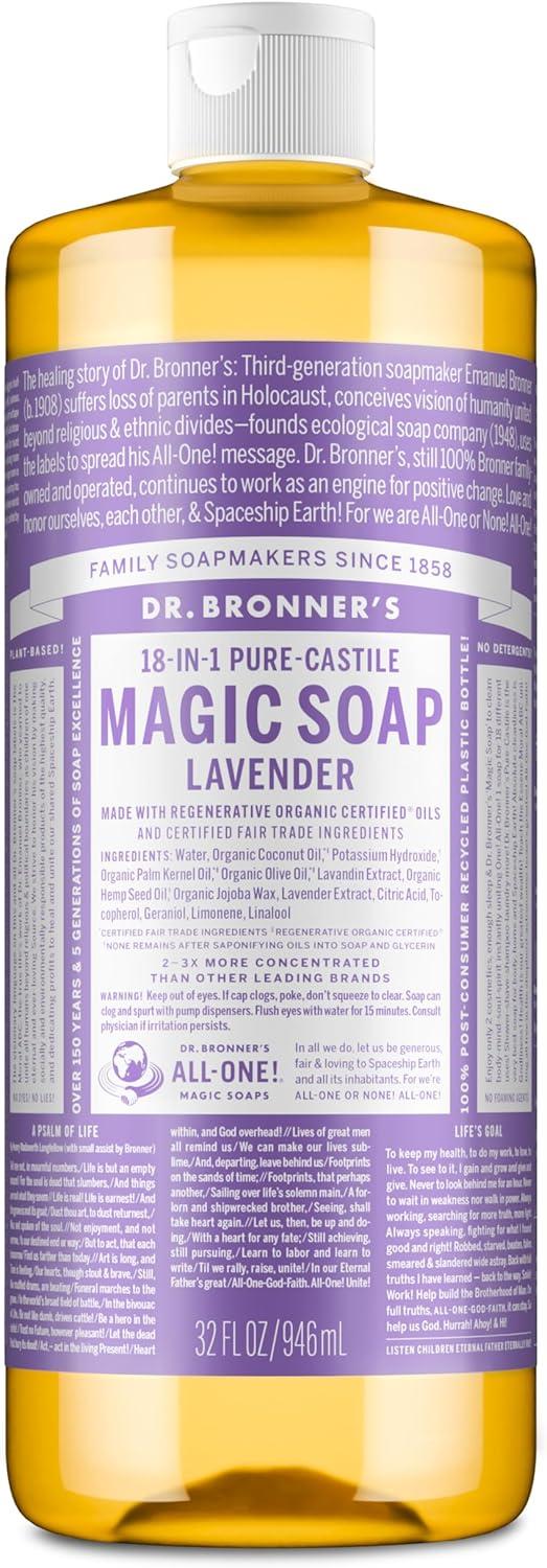 image:imageDr Bronners PureCastile Liquid Soap Made with Organic Oils 18in1 Uses Face Body Hair Laundry Pets and Dishes Concentrated Vegan NonGMO Lavender 32 OzLavender