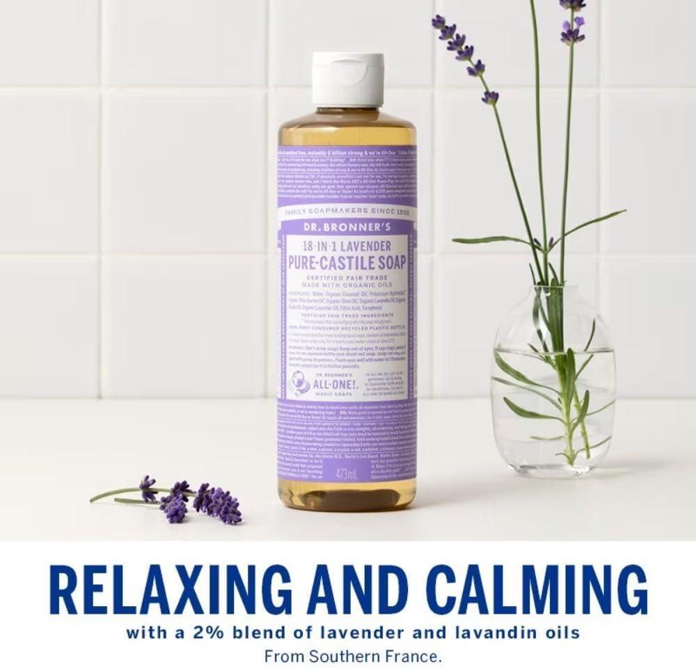 image:imageDr Bronners PureCastile Liquid Soap Made with Organic Oils 18in1 Uses Face Body Hair Laundry Pets and Dishes Concentrated Vegan NonGMO Lavender 32 OzLavender
