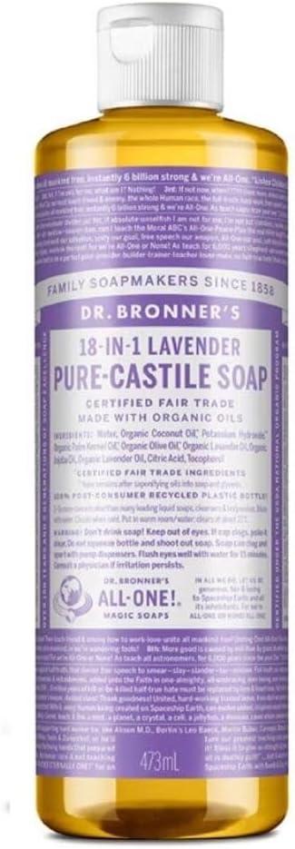 image:imageDr Bronners PureCastile Liquid Soap Made with Organic Oils 18in1 Uses Face Body Hair Laundry Pets and Dishes Concentrated Vegan NonGMO Lavender 32 OzLavender