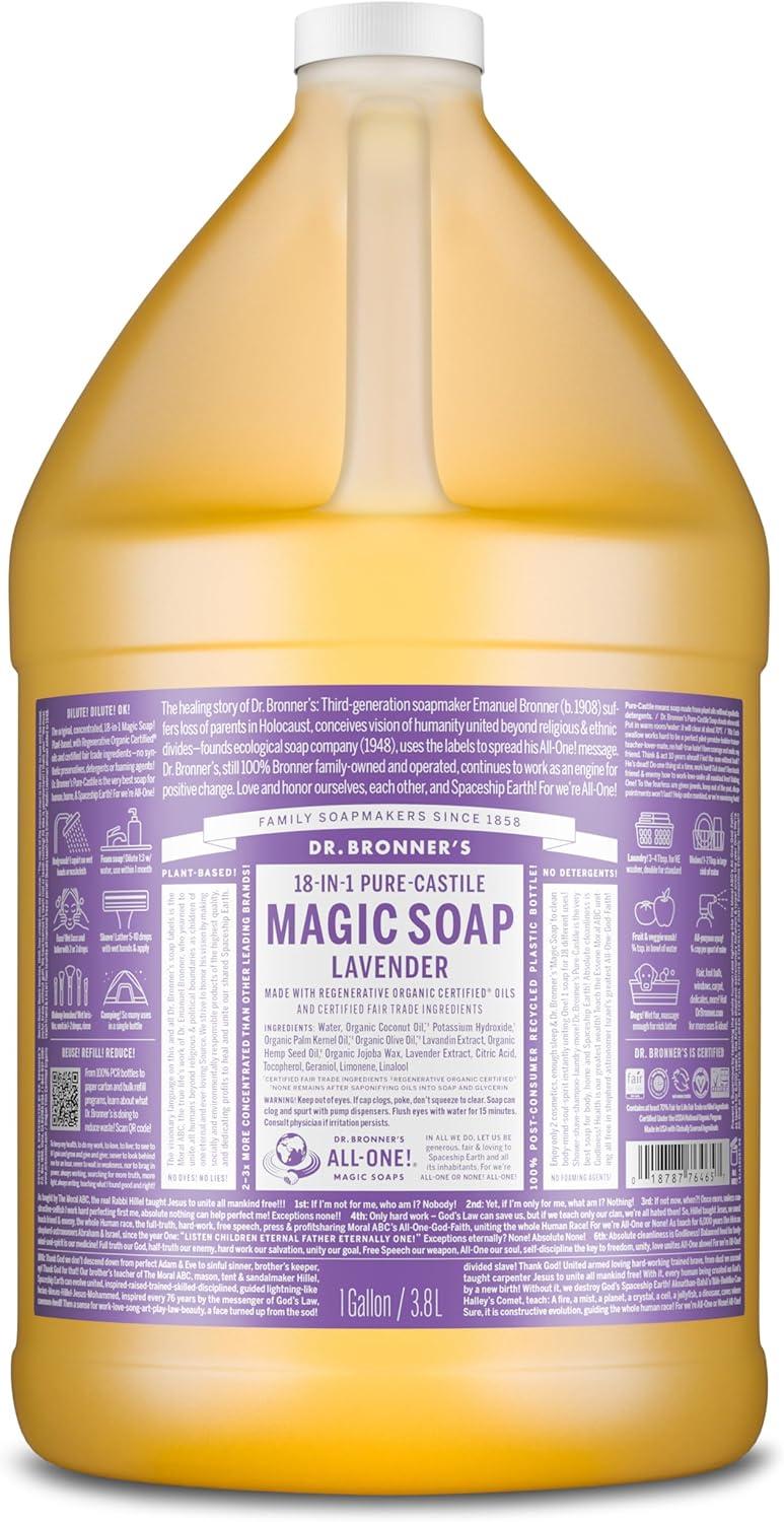 image:imageDr Bronners PureCastile Liquid Soap Made with Organic Oils 18in1 Uses Face Body Hair Laundry Pets and Dishes Concentrated Vegan NonGMO Lavender 32 OzLavender