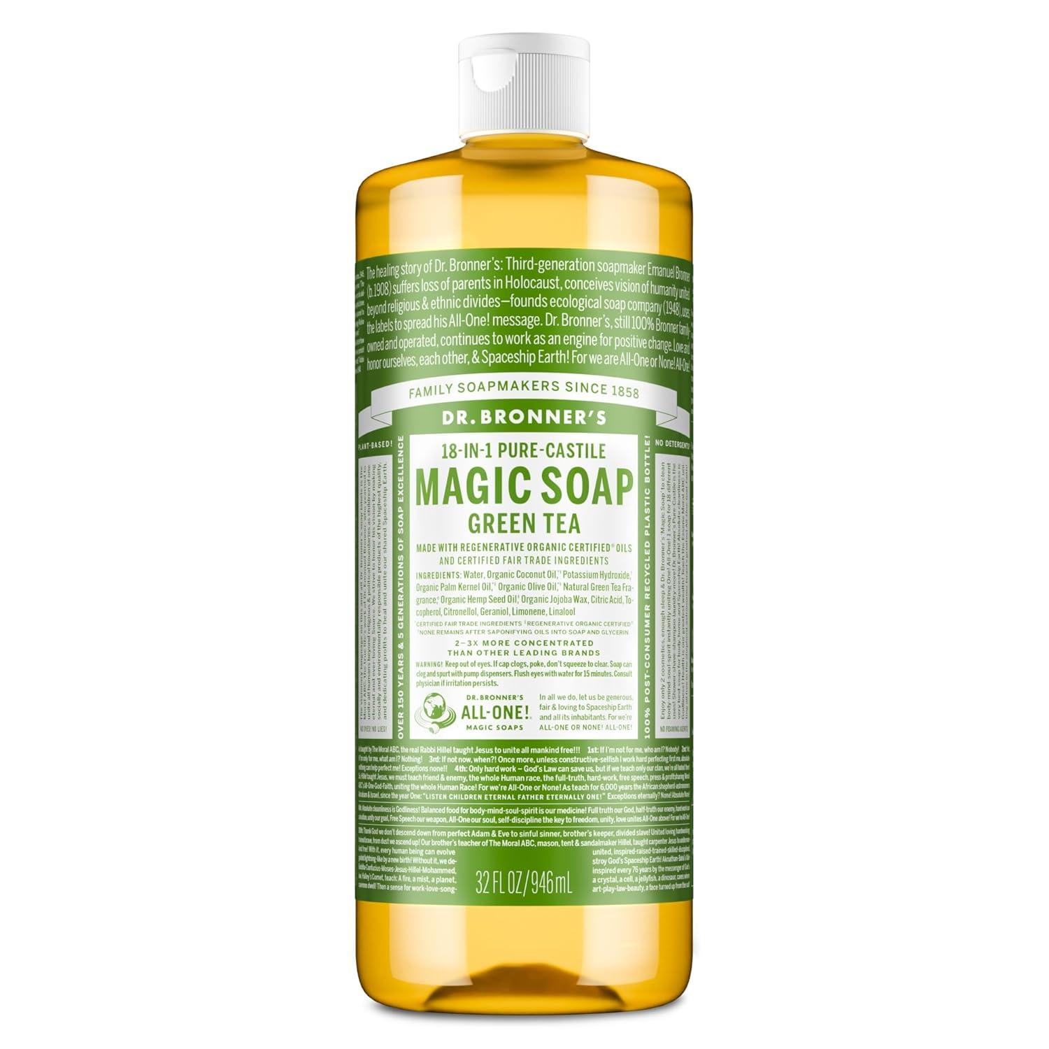 image:imageDr Bronners PureCastile Magic Liquid Soap Green Tea 32 Ounce Made with Regenerative Organic Certified Oils For Face Hair Hand amp Body Soap Laundry Pets Concentrated Vegan NonGMOGreen Tea