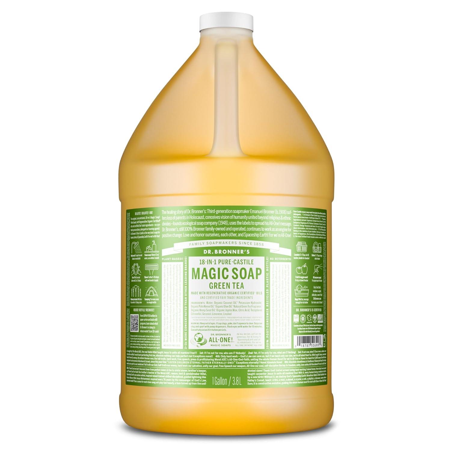 image:imageDr Bronners PureCastile Magic Liquid Soap Green Tea 32 Ounce Made with Regenerative Organic Certified Oils For Face Hair Hand amp Body Soap Laundry Pets Concentrated Vegan NonGMOGreen Tea