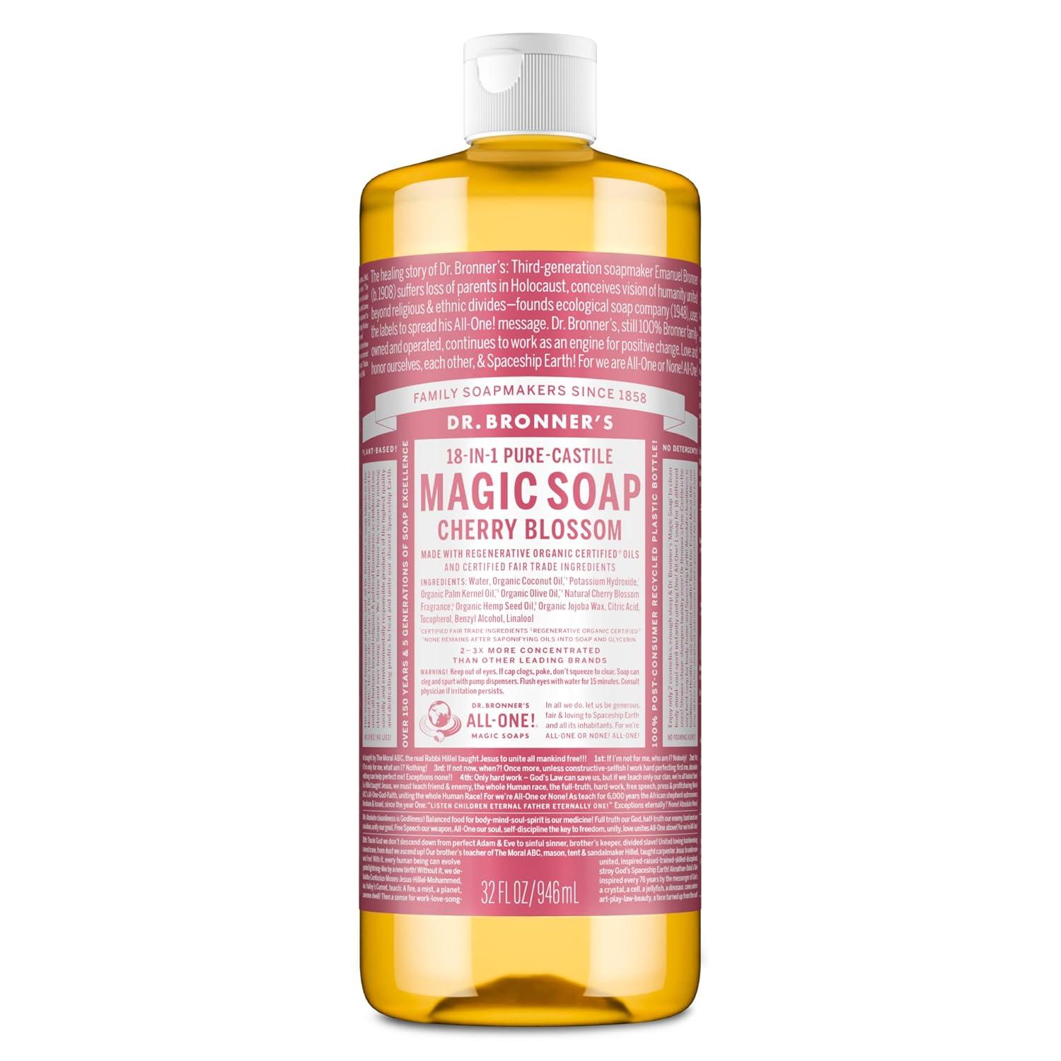 image:imageDr Bronners PureCastile Magic Liquid Soap Green Tea 32 Ounce Made with Regenerative Organic Certified Oils For Face Hair Hand amp Body Soap Laundry Pets Concentrated Vegan NonGMOCherry Blossom
