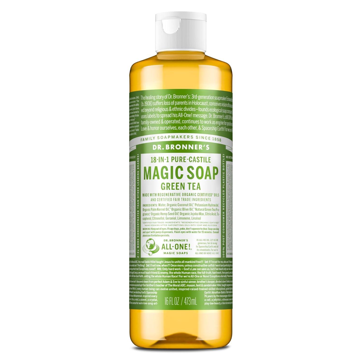 image:imageDr Bronners PureCastile Magic Liquid Soap Green Tea 32 Ounce Made with Regenerative Organic Certified Oils For Face Hair Hand amp Body Soap Laundry Pets Concentrated Vegan NonGMOGreen Tea