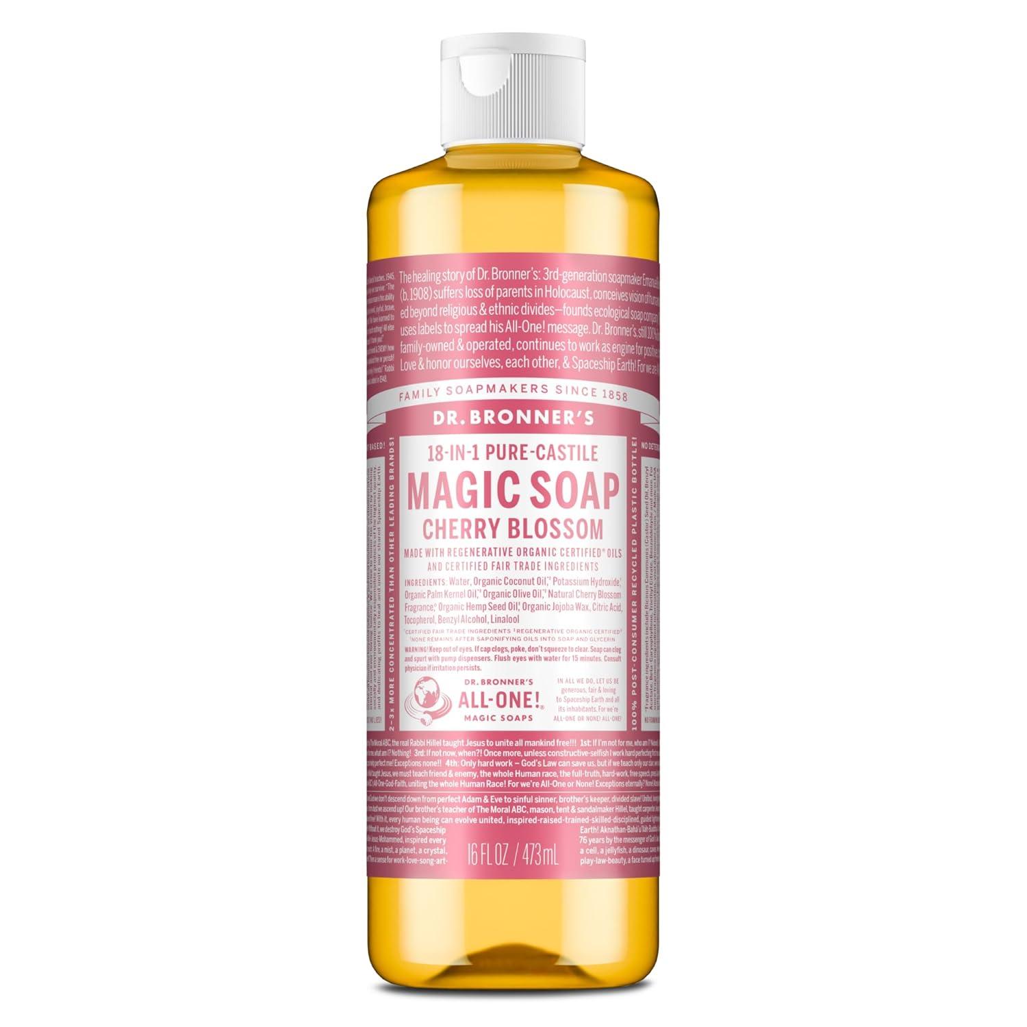 image:imageDr Bronners PureCastile Magic Liquid Soap Green Tea 32 Ounce Made with Regenerative Organic Certified Oils For Face Hair Hand amp Body Soap Laundry Pets Concentrated Vegan NonGMOCherry Blossom