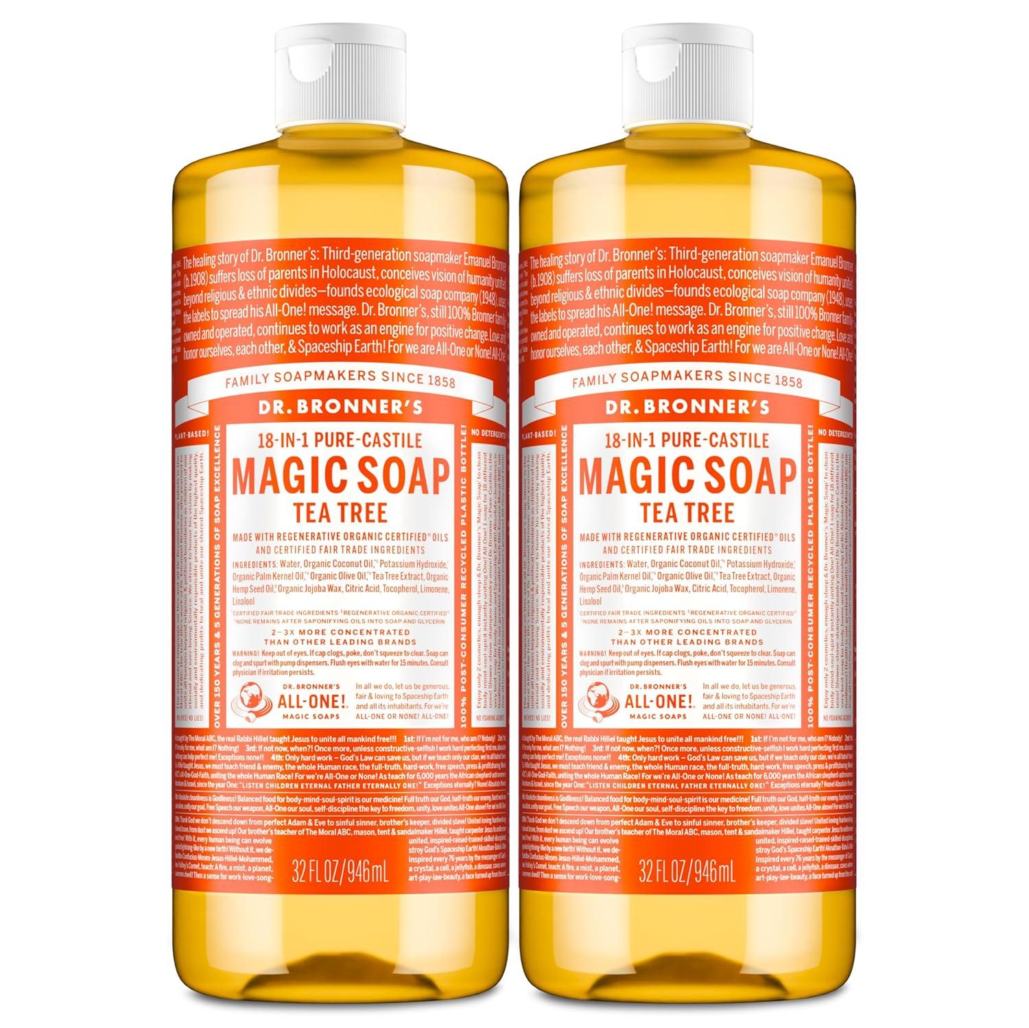 image:imageDr Bronners PureCastile Magic Soap Liquid Tea Tree 1 Gallon Made with Regenerative Organic Oils 18in1 Uses for Face Hair Laundry Dishes Hand Soaps amp Body Wash Natural Vegan NonGMOTea Tree