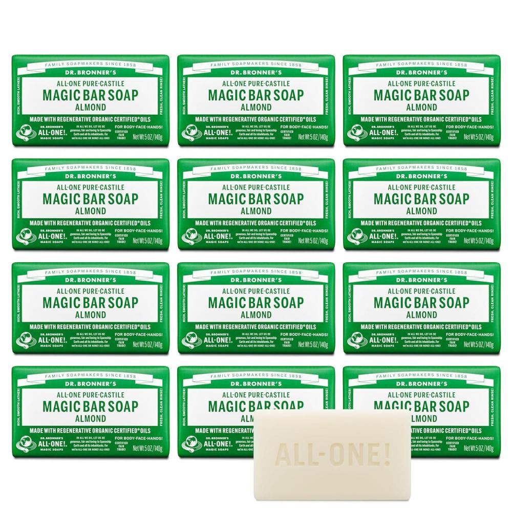 image:imageDr Bronners PureCastile Magic Bar Soap Almond 5 oz 6Pack Made with Regenerative Organic Certified Oils For Face Body amp Hair Gentle Vegan Bath Soaps for Men amp Women NonGMO5 Ounce Pack of 12