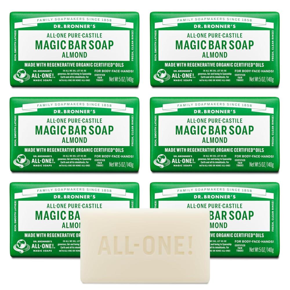 image:imageDr Bronners PureCastile Magic Bar Soap Almond 5 oz 6Pack Made with Regenerative Organic Certified Oils For Face Body amp Hair Gentle Vegan Bath Soaps for Men amp Women NonGMO5 Ounce Pack of 6
