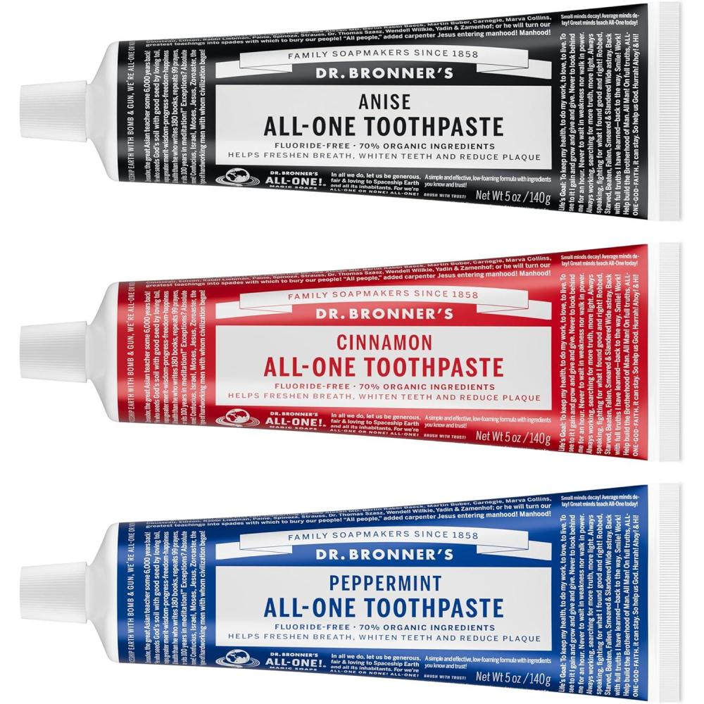 image:imageDr Bronners AllOne Toothpaste Anise 5 oz 3Pack FluorideFree Toothpaste for Adults SLSFree 70 Organic amp Natural Ingredients Vegan Helps Freshen Breath Reduce Plaque Whiten TeethPeppermint Cinnamon Anise