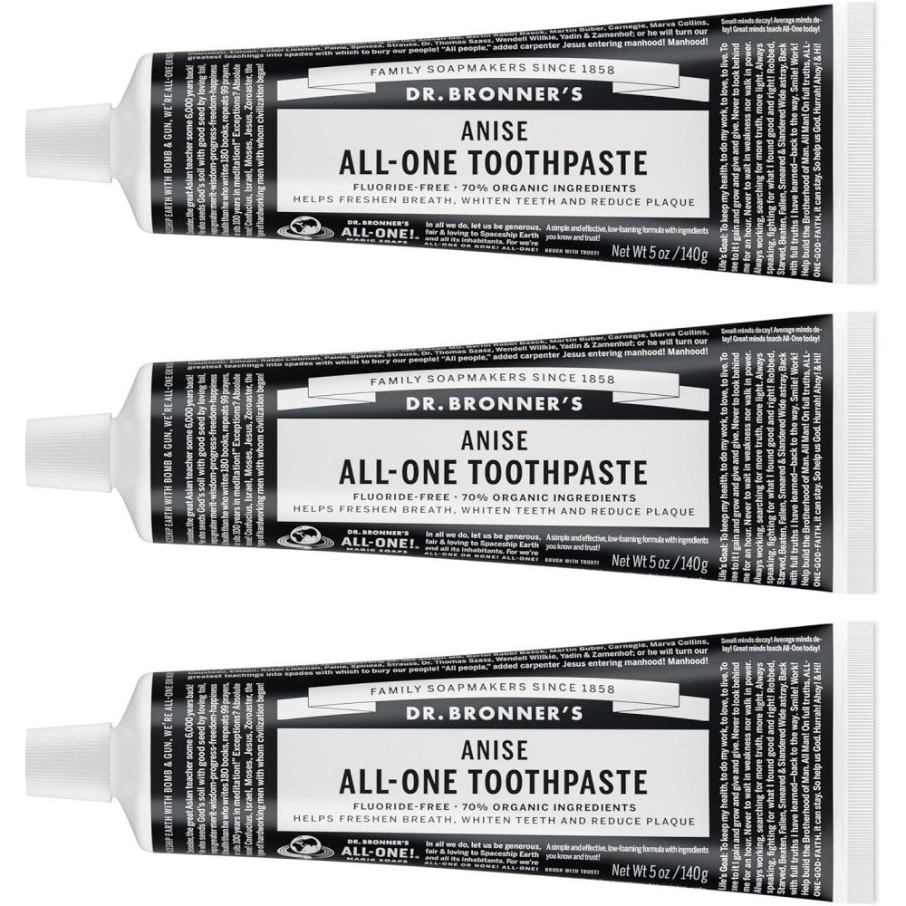 image:imageDr Bronners AllOne Toothpaste Anise 5 oz 3Pack FluorideFree Toothpaste for Adults SLSFree 70 Organic amp Natural Ingredients Vegan Helps Freshen Breath Reduce Plaque Whiten TeethAnise
