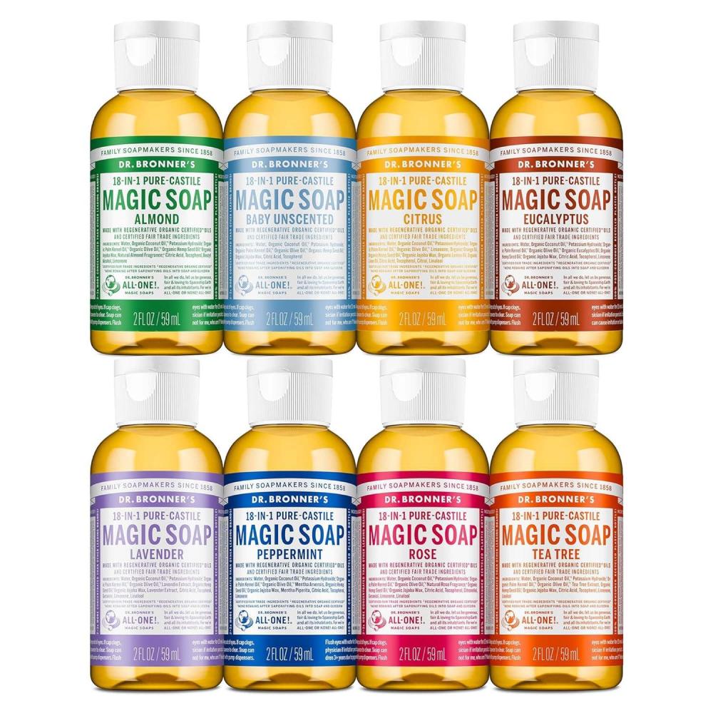 image:imageDr Bronners Magic SoapPureCastile Liquid Soap 2 Ounce Variety Gift Pack Regenerative Organic Certified Oils 18in1 Uses Body Hair Laundry Pets amp Dishes Concentrated Vegan NonGMO