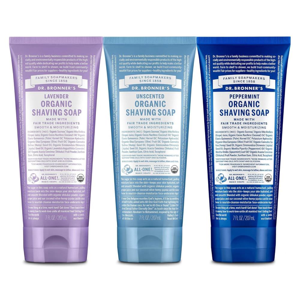 image:imageDr Bronners Organic Shaving Soap 3 Pack Variety 7oz Lavender Tea Tree Lemongrass Moisturizing Shave Soap for Men amp Women Certified Organic Sugar amp Shikakai For Face Underarms amp LegsLavender Baby Unscented Peppermint