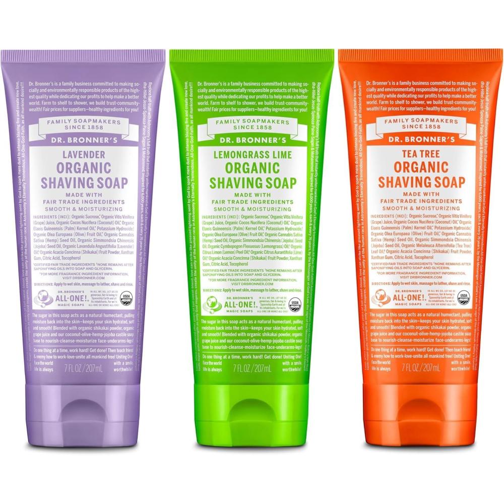 image:imageDr Bronners Organic Shaving Soap 3 Pack Variety 7oz Lavender Tea Tree Lemongrass Moisturizing Shave Soap for Men amp Women Certified Organic Sugar amp Shikakai For Face Underarms amp LegsLavender Tea Tree Lemongrass