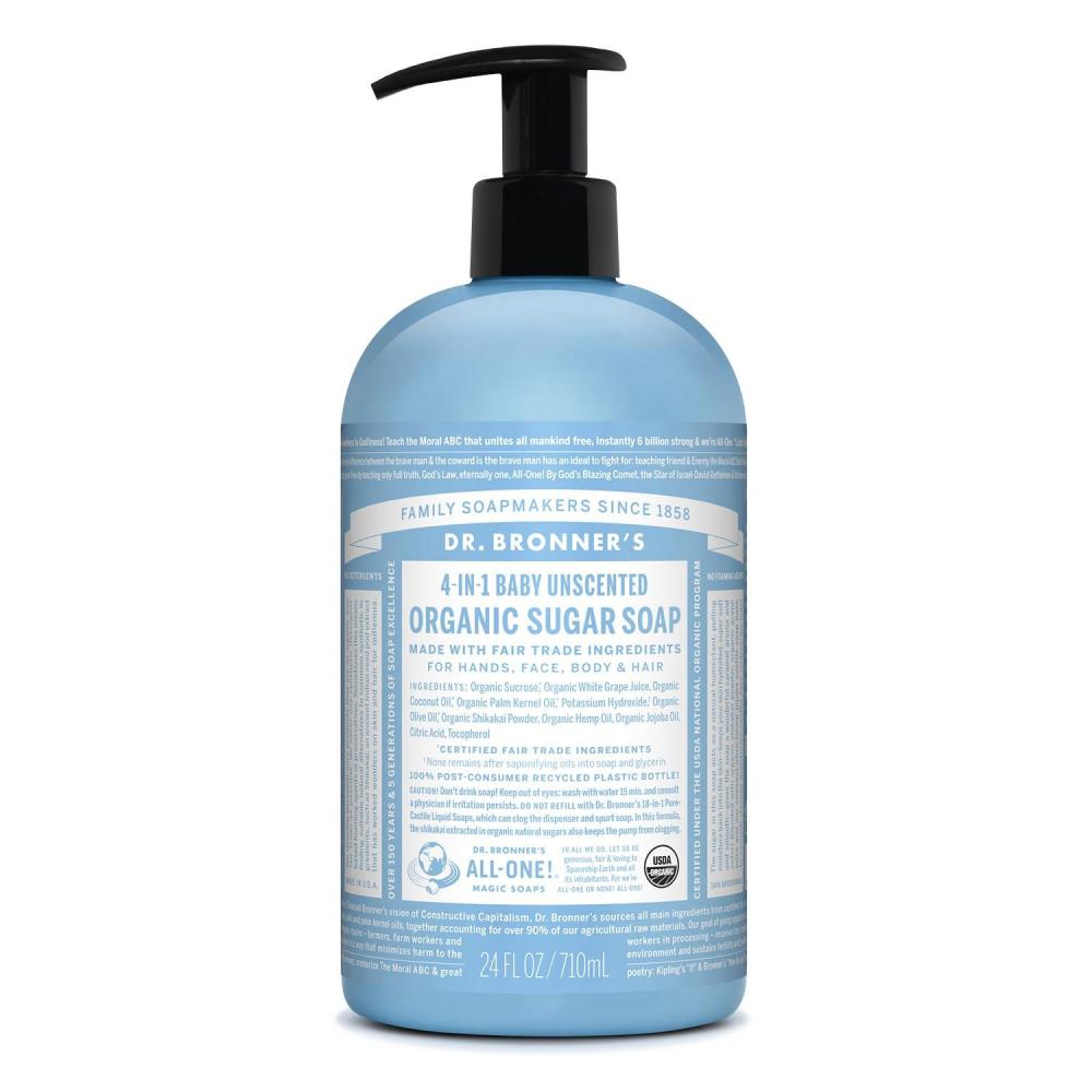 image:imageDr Bronners Organic Sugar Soap Baby Unscented 24 Ounce  Made with Regenerative Certified Organic Oils Sugar amp Shikakai Powder 4in1 Use Hands Body Face and Hair Liquid Soap NourishesUnscented