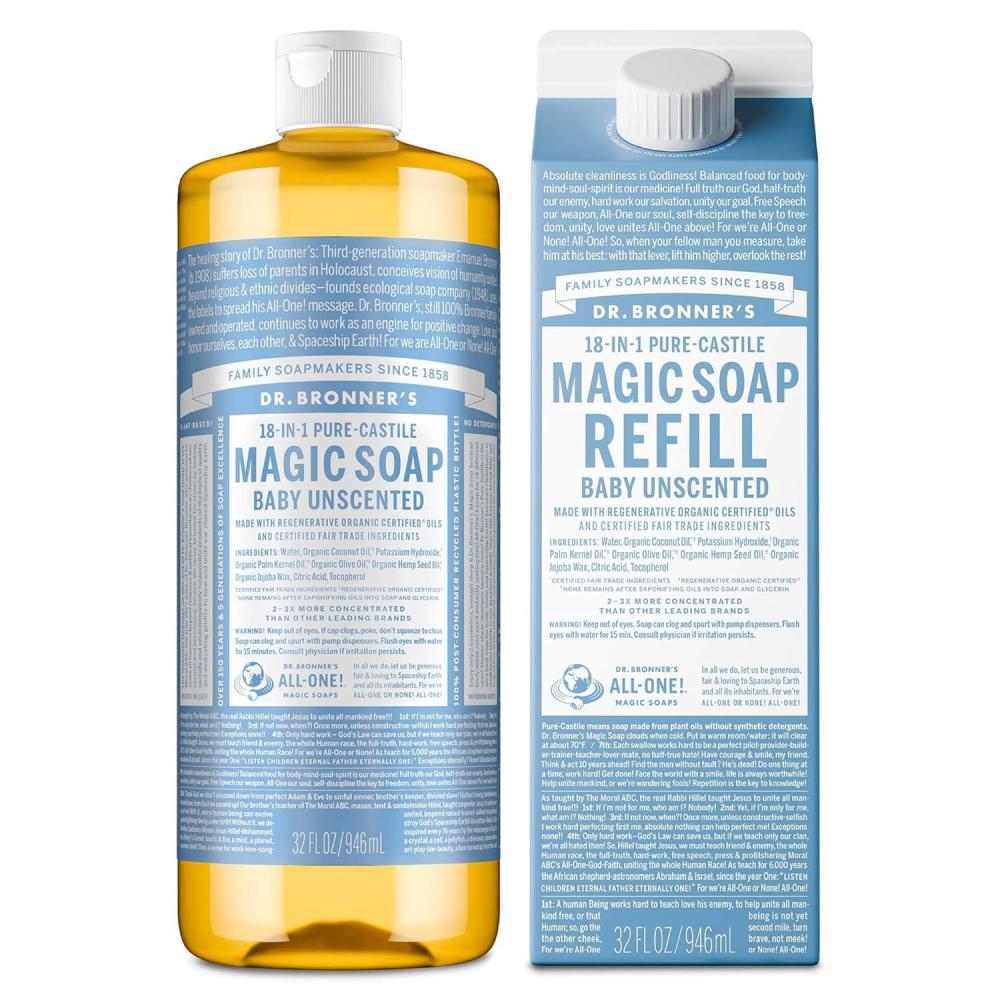 image:imageDr Bronners PureCastile Liquid Magic Soap Bottle amp Refill Carton Made with Regenerative Organic Certified Oils 86 Less Plastic per Quart For Face Body Wash Hand Soap Refill Lavender 32ozBaby Unscented