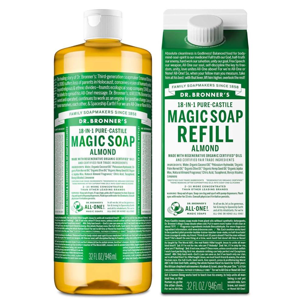 image:imageDr Bronners PureCastile Liquid Magic Soap Bottle amp Refill Carton Made with Regenerative Organic Certified Oils 86 Less Plastic per Quart For Face Body Wash Hand Soap Refill Lavender 32ozAlmond