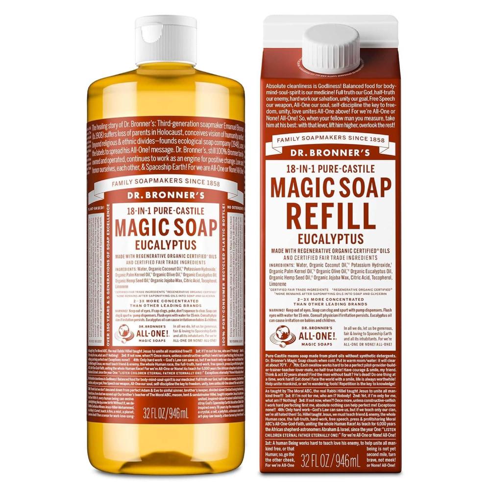 image:imageDr Bronners PureCastile Liquid Magic Soap Bottle amp Refill Carton Made with Regenerative Organic Certified Oils 86 Less Plastic per Quart For Face Body Wash Hand Soap Refill Lavender 32ozEucalyptus