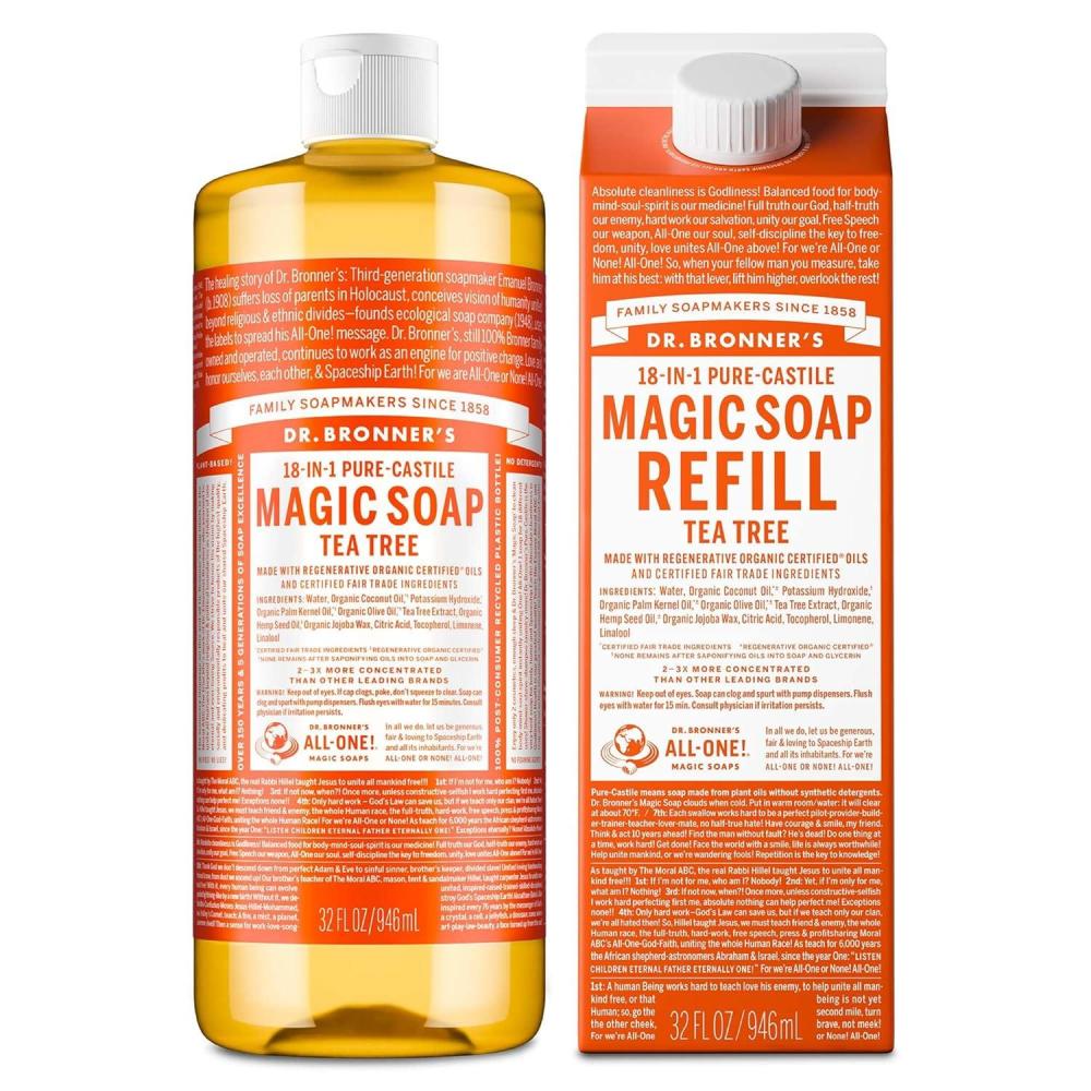 image:imageDr Bronners PureCastile Liquid Magic Soap Bottle amp Refill Carton Made with Regenerative Organic Certified Oils 86 Less Plastic per Quart For Face Body Wash Hand Soap Refill Lavender 32ozTea Tree
