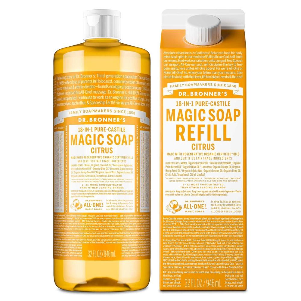 image:imageDr Bronners PureCastile Liquid Magic Soap Bottle amp Refill Carton Made with Regenerative Organic Certified Oils 86 Less Plastic per Quart For Face Body Wash Hand Soap Refill Lavender 32ozCitrus