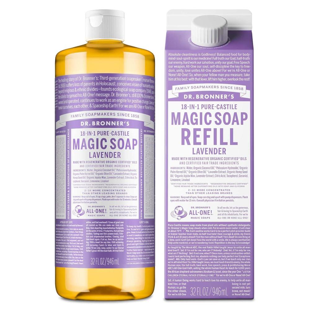 image:imageDr Bronners PureCastile Liquid Magic Soap Bottle amp Refill Carton Made with Regenerative Organic Certified Oils 86 Less Plastic per Quart For Face Body Wash Hand Soap Refill Lavender 32ozLavender