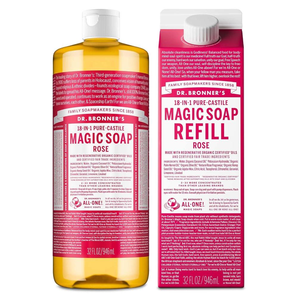 image:imageDr Bronners PureCastile Liquid Magic Soap Bottle amp Refill Carton Made with Regenerative Organic Certified Oils 86 Less Plastic per Quart For Face Body Wash Hand Soap Refill Lavender 32ozRose