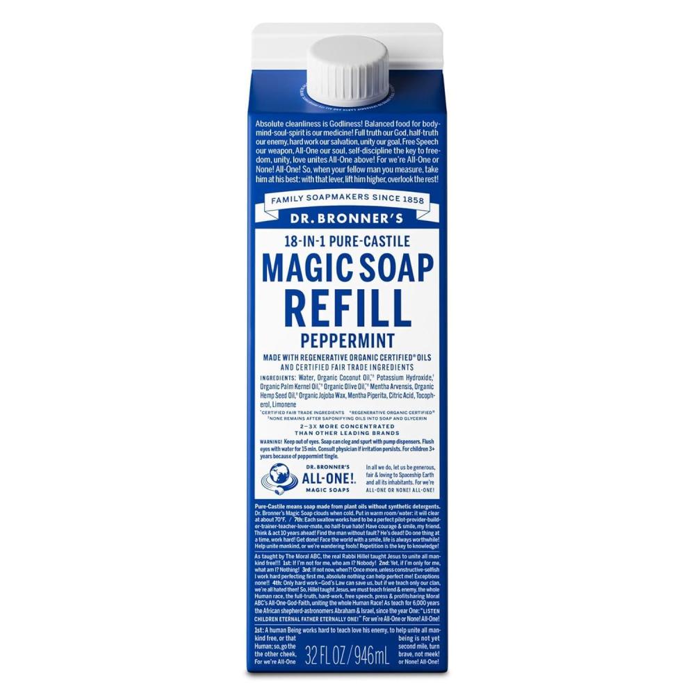 image:imageDr Bronners PureCastile Liquid Magic Soap Refill  Made with Regenerative Organic Certified Oils 86 Less Plastic  18in1 Uses for Face Body Wash Hand Soap Refill amp More  Peppermint 32ozPeppermint