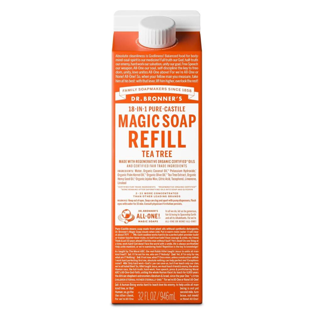 image:imageDr Bronners PureCastile Liquid Magic Soap Refill Made with Regenerative Organic Certified Oils 86 Less Plastic 18in1 Uses for Face Body Wash Hand Soap Refill amp More Peppermint 32ozTea Tree