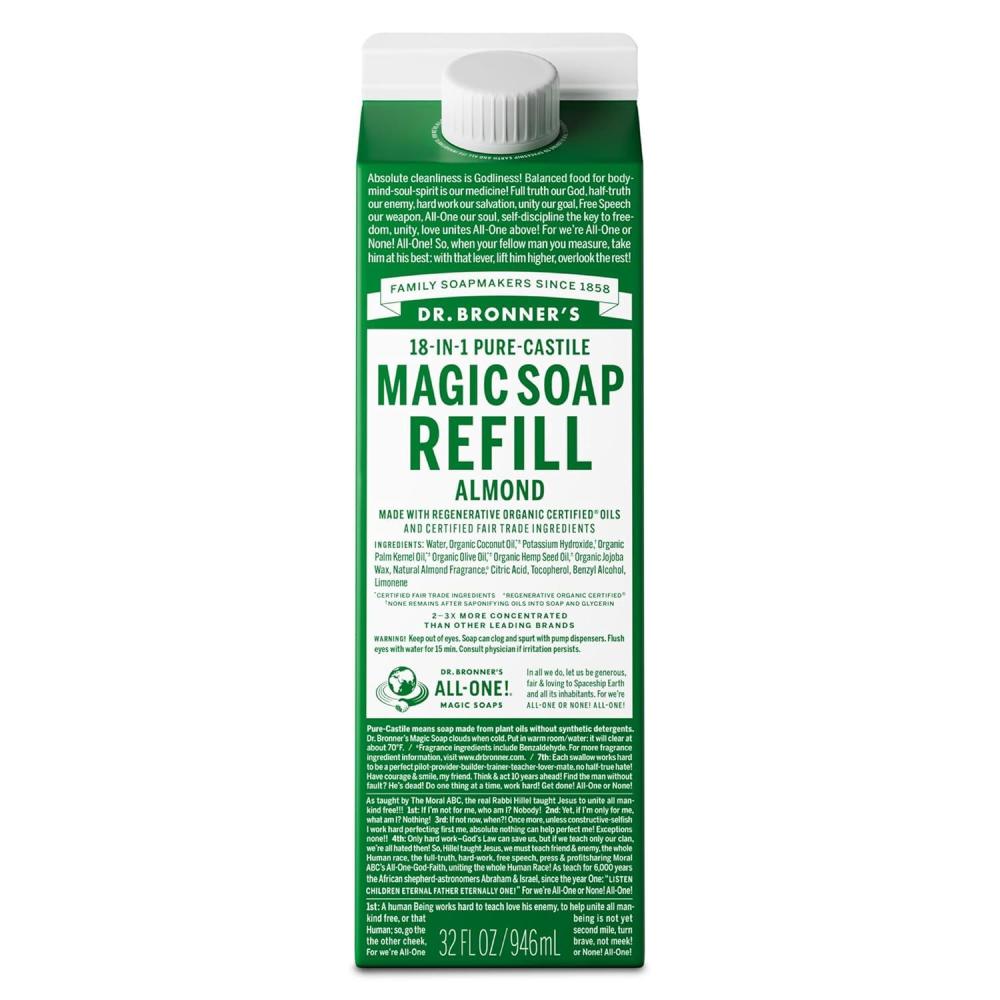 image:imageDr Bronners PureCastile Liquid Magic Soap Refill Made with Regenerative Organic Certified Oils 86 Less Plastic 18in1 Uses for Face Body Wash Hand Soap Refill amp More Peppermint 32ozAlmond