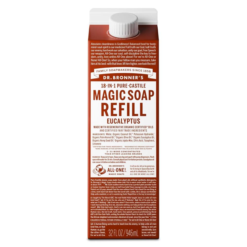 image:imageDr Bronners PureCastile Liquid Magic Soap Refill  Made with Regenerative Organic Certified Oils 86 Less Plastic  18in1 Uses for Face Body Wash Hand Soap Refill amp More  Peppermint 32ozEucalyptus