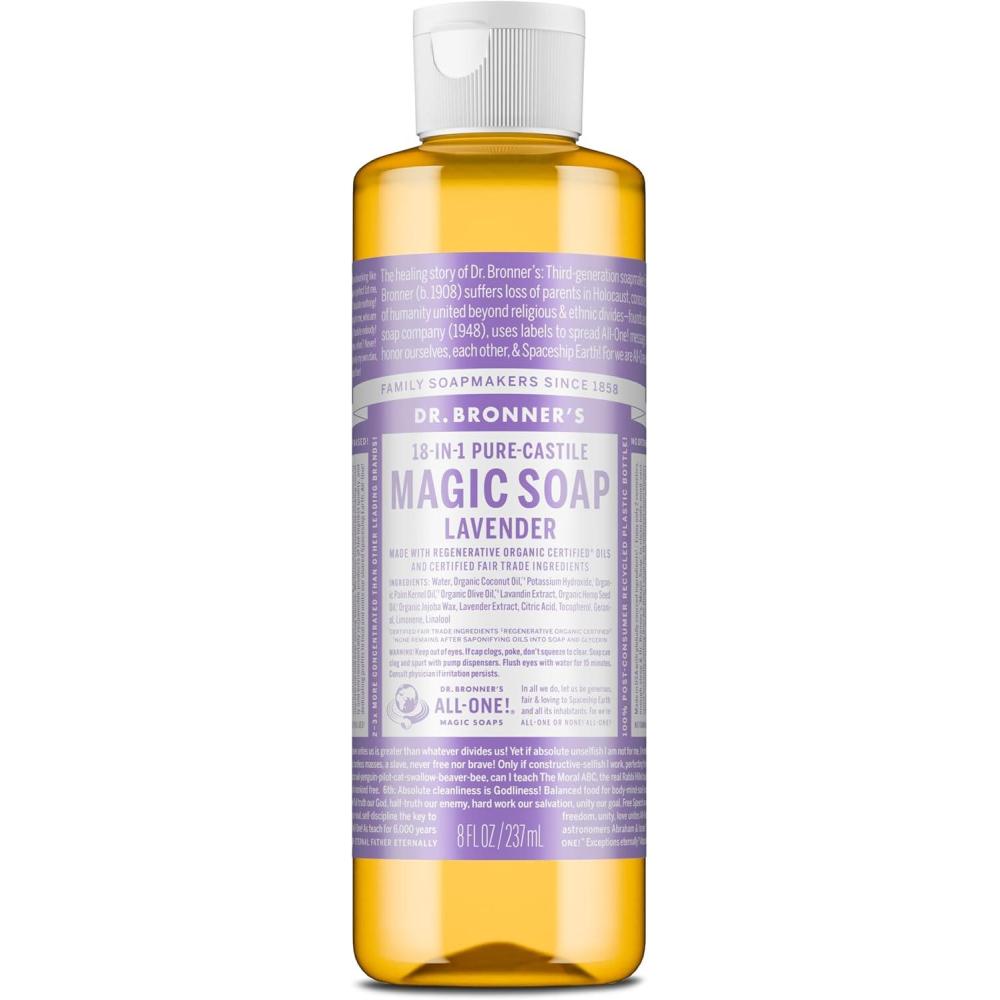 image:imageDr Bronners PureCastile Liquid Soap Made with Organic Oils 18in1 Uses Face Body Hair Laundry Pets and Dishes Concentrated Vegan NonGMO Lavender 32 OzLavender