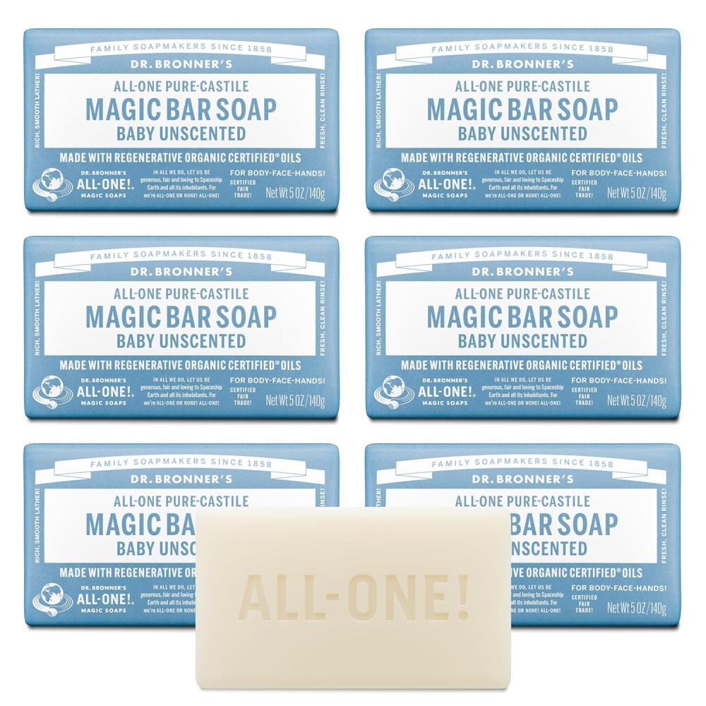 image:imageDr Bronners PureCastile Magic Bar Soap Baby Unscented 5 oz 6Pack Made with Regenerative Organic Certified Oils For Face Body amp Hair Gentle for Sensitive Skin Vegan NonGMO5 Ounce Pack of 6
