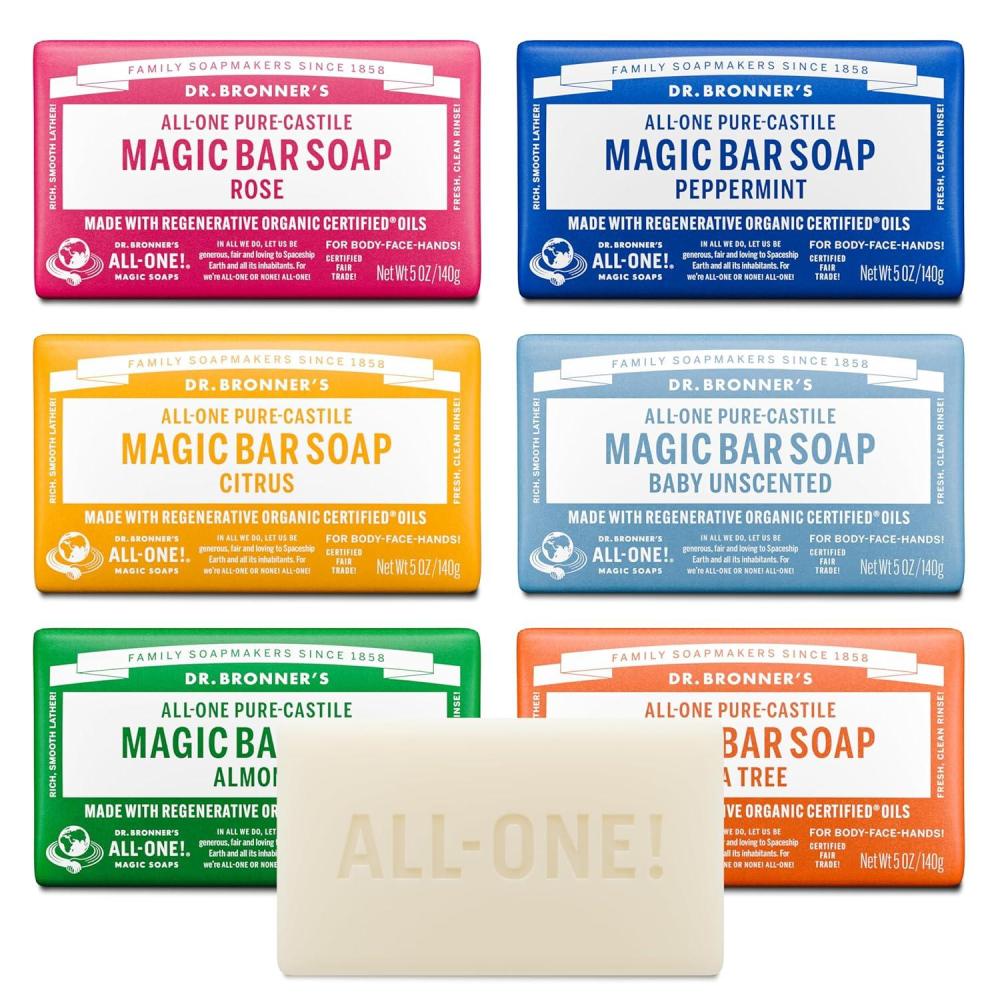 image:imageDr Bronners PureCastile Magic Bar Soap Made with Regenerative Organic Certified Oils For Face Body Hair Vegan Soap Bars for Men amp Women Variety 3Pack Peppermint Lavender Unscented5 Ounce Pack of 6