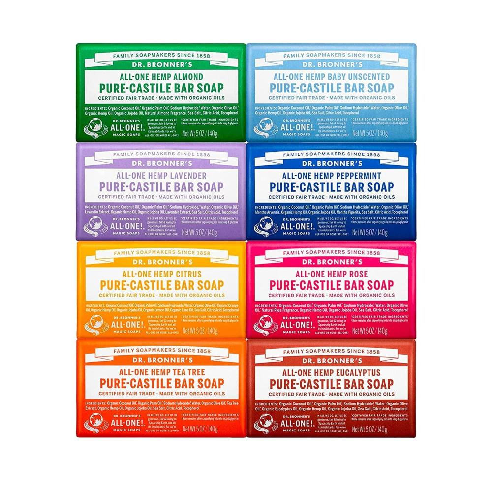 image:imageDr Bronners PureCastile Magic Bar Soap Made with Regenerative Organic Certified Oils For Face Body Hair Vegan Soap Bars for Men amp Women Variety 3Pack Peppermint Lavender Unscented5 Ounce Pack of 8