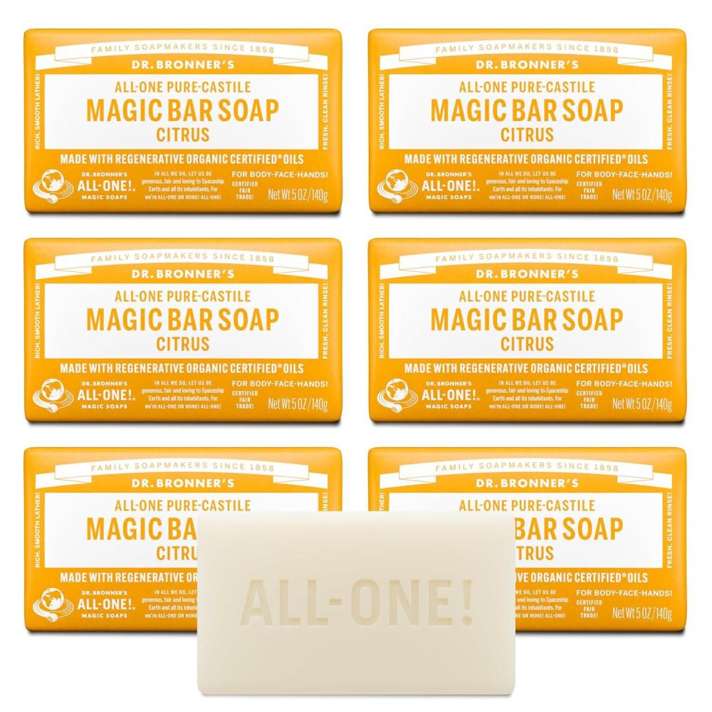 image:imageDr Bronners PureCastile Magic Bar Soaps Made with Regenerative Organic Certified Oils For Face Body Hair Vegan Soap Bars for Men amp Women Citrus 2 pack 5 oz5 Ounce Pack of 6