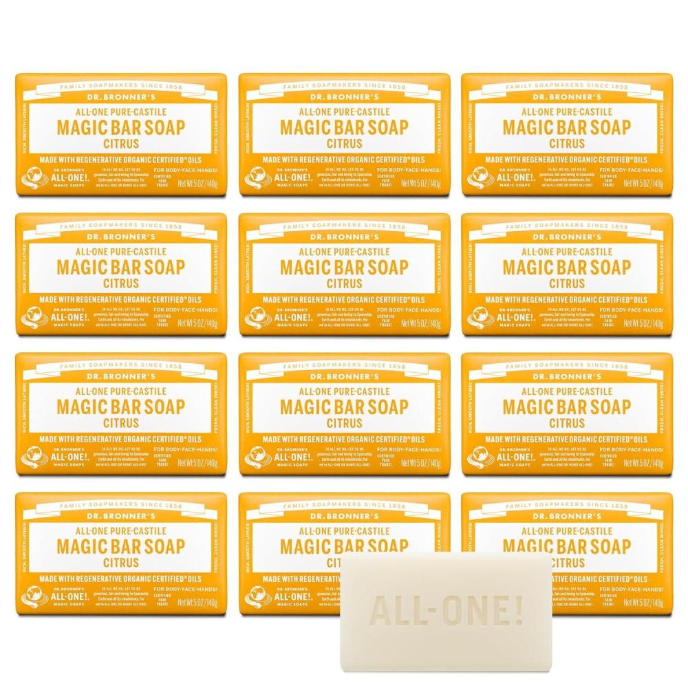 image:imageDr Bronners PureCastile Magic Bar Soaps Made with Regenerative Organic Certified Oils For Face Body Hair Vegan Soap Bars for Men amp Women Citrus 2 pack 5 oz5 Ounce Pack of 12