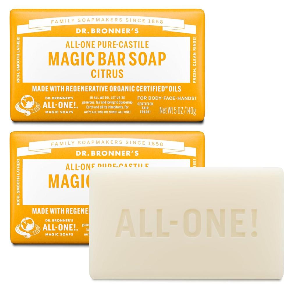 image:imageDr Bronners PureCastile Magic Bar Soaps Made with Regenerative Organic Certified Oils For Face Body Hair Vegan Soap Bars for Men amp Women Citrus 2 pack 5 oz5 Ounce Pack of 2